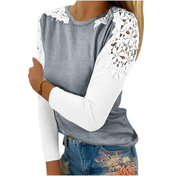 Perfectbot Dressy Tops for Women Eyelet Lace Long Sleeves Basic Tee Shirts Casual Crewneck Blouse