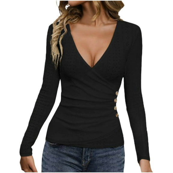 Perfectbot Fall Tops for Women Deep V Neck Cross Wrap Long Sleeve Shirts Ruched Eyelet Button Dressy Blouse