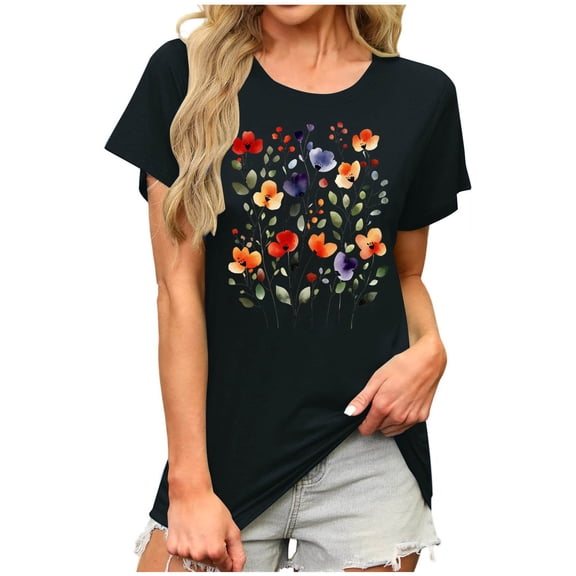 Perfectbot Floral Graphic Tee for Women - Short Sleeve Lightweight Summer Casual Everyday T-Shirt