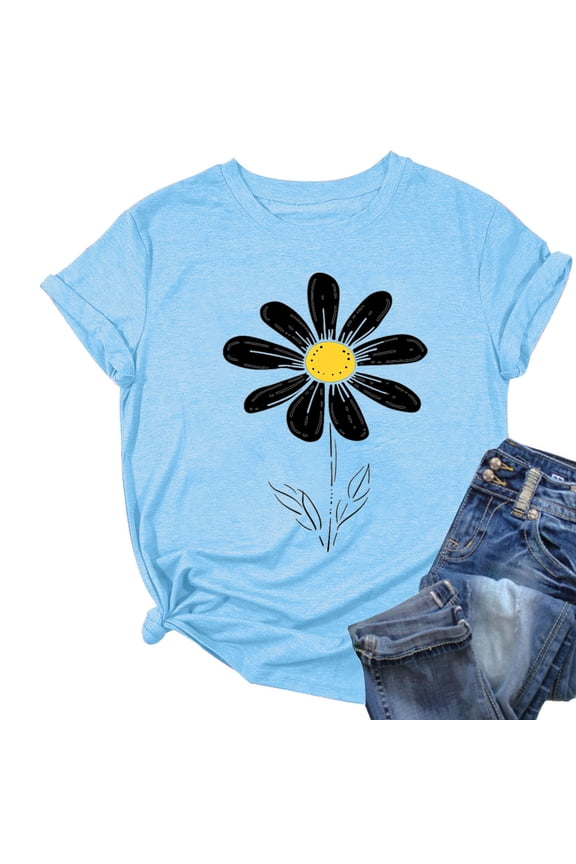 Flower Print Top for Women - Trendy Short Sleeve Summer Tee, Casual Graphic Blouse