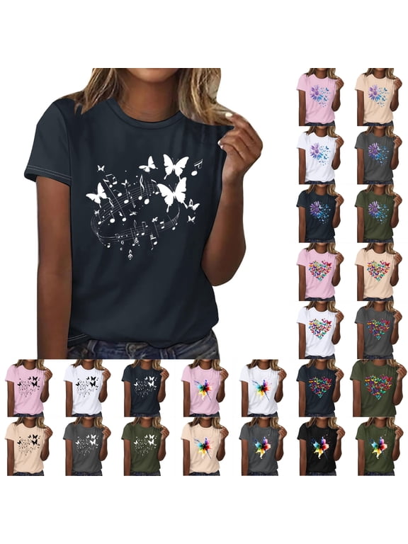 Graphic T-Shirt for Women - Cute Short Sleeve Summer Top, Butterfly Print Crewneck Tee