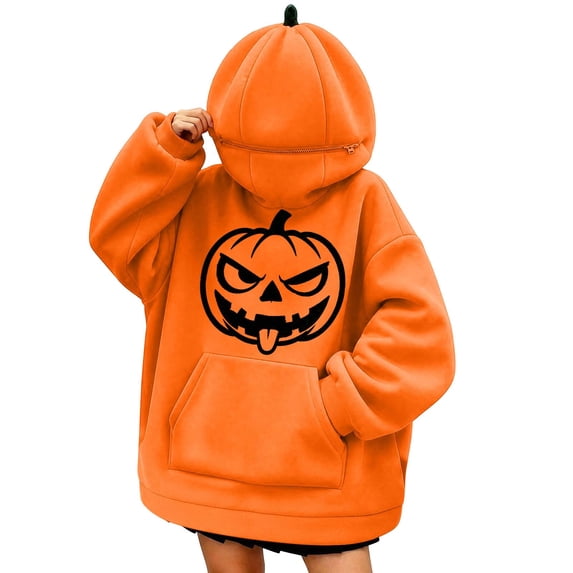 Perfectbot Halloween Pumpkin Hoodie for Women 3D Stem Hat Fall Costume Oversized Sweatshirt Pullover Top