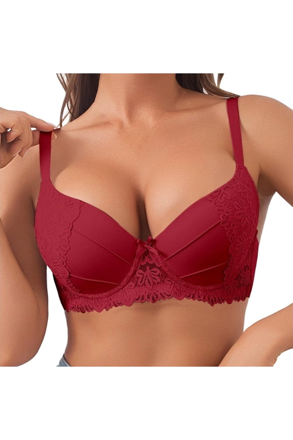 Lace Underwire Bras for Women, Push Up Demi Full Coverage Bra with Bow & Embroidery