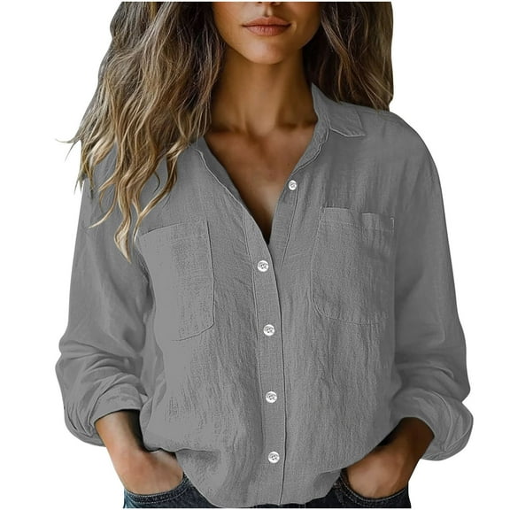 Perfectbot Linen Shirts for Women Long Sleeves V Neck Button Down Tops Fashion Trendy Clothes with Pocket
