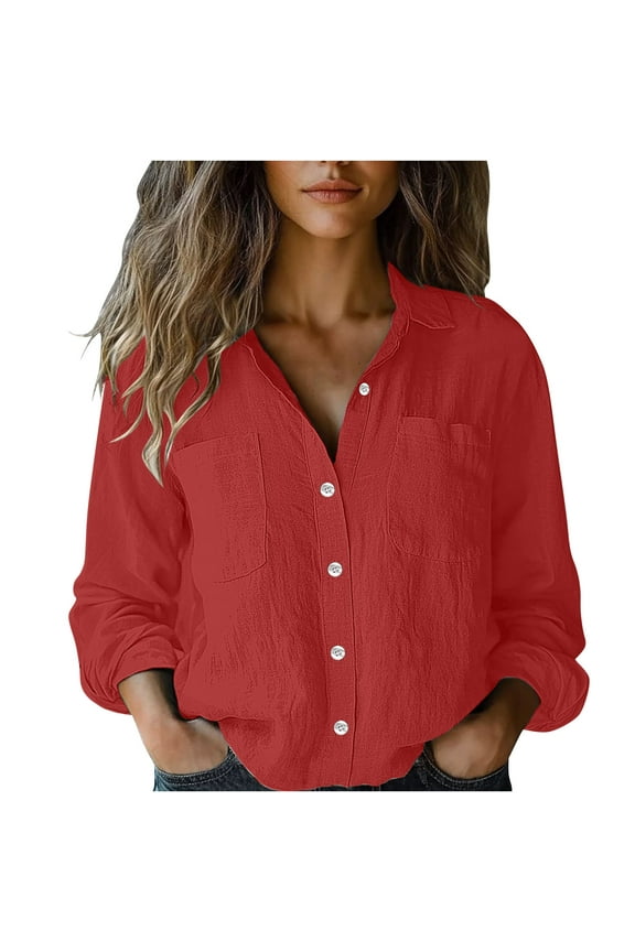 Linen Shirts for Women Long Sleeves V Neck Button Down Tops Fashion Trendy Clothes with Pocket