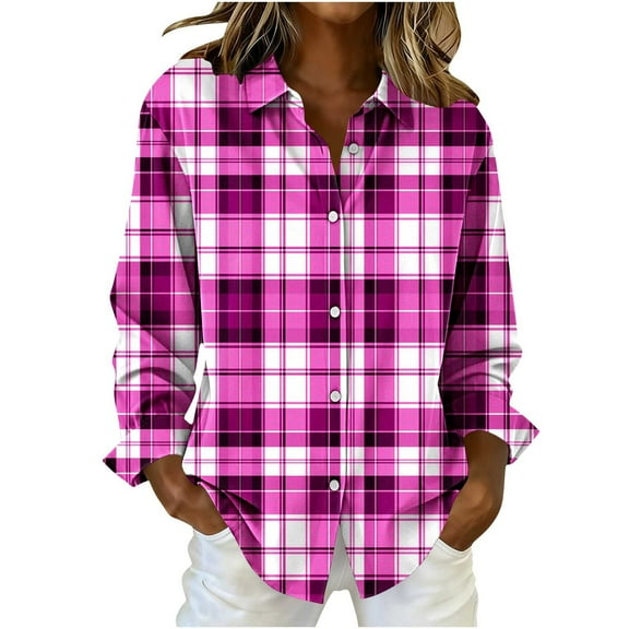 Perfectbot Loose-Fit Long Sleeve Flannel Shirt for Women - Lightweight Plaid Button Down Collared Top