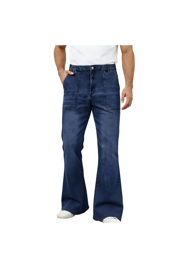 Men's Elastic Waist Wide Leg Flared Jeans, Vintage Patch Pocket Denim Pants for Streetwear & Daily Outings