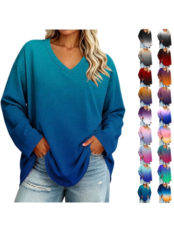 Plus Size Long Sleeve T-Shirt for Women, V Neck Tunic Tie Dye Print Loose Casual Tee Top Sizes L-5X
