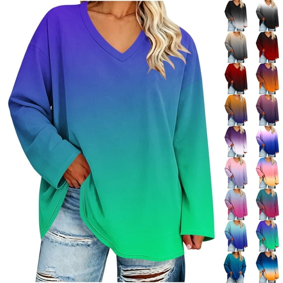 Perfectbot Plus Size Long Sleeve T-Shirt for Women, V Neck Tunic Tie Dye Print Loose Casual Tee Top Sizes L-5X