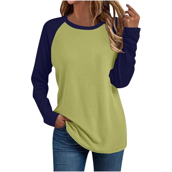 Perfectbot Raglan Long Sleeve Tee for Women, Round Neck Casual Colorblock Basic T-Shirt for Daily Wear