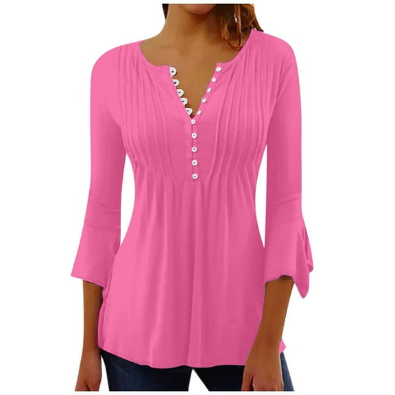 Perfectbot Shirts for Women 3/4 Sleeves Button V Neck Pleated Tops Empire Waist Peplum Dressy Blouse