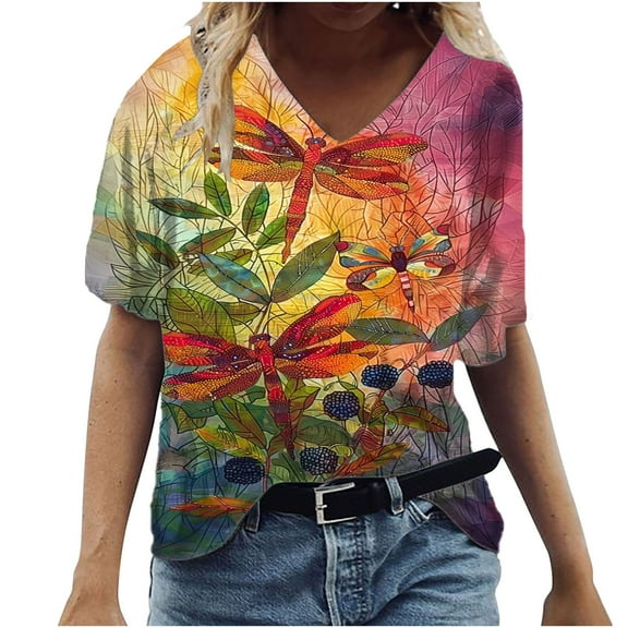 Perfectbot Shirts for Women Casual Summer V Neck Print Classic Short Sleeve Blouses Size S-5XL