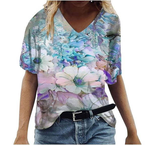 Perfectbot Shirts for Women Classic Short Sleeve Casual Print V Neck Summer Blouses Size S-5XL