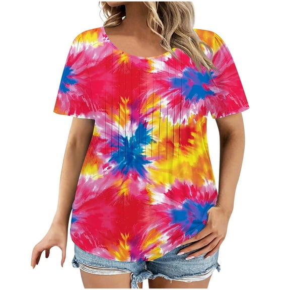 Perfectbot Shirts for Women Plus Size Crewneck Casual Summer Short Sleeve Loose Print Tops ,S-5XL