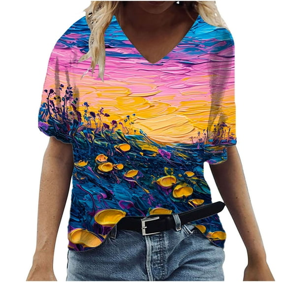 Perfectbot Shirts for Women Print Summer Casual V Neck Short Sleeve Classic Blouses Size S-5XL