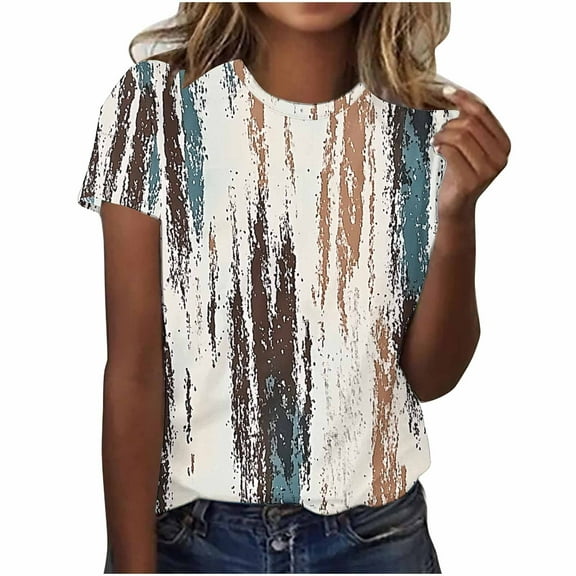 Perfectbot Shirts for Women Short Sleeve Crew Neck Summer Print Relaxed Casual Tees Tops Size S-5XL