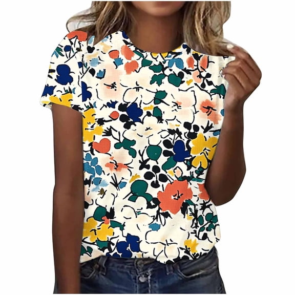 Perfectbot Shirts for Women Summer Crew Neck Loose Print Short Sleeve Casual Tees Tops Size S-5XL