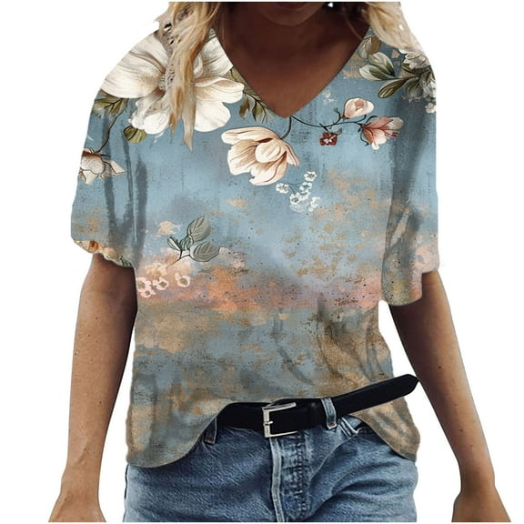 Perfectbot Shirts for Women V Neck Print Summer Casual Short Sleeve Classic Blouses Size S-5XL