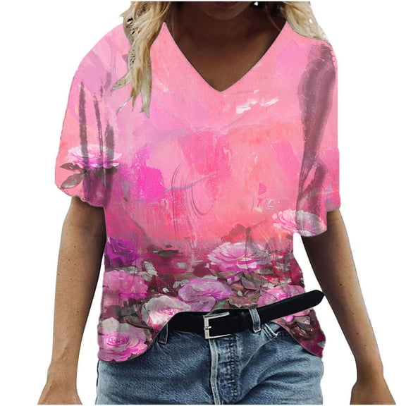 Perfectbot Shirts for Women V Neck Summer Classic Short Sleeve Print Casual Blouses Size S-5XL