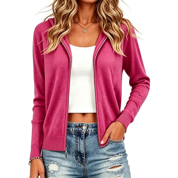 Perfectbot Soft Knit Hooded Sweater for Women, Zip Up Ribbed Hem Stretchy Cozy Fall Outerwear