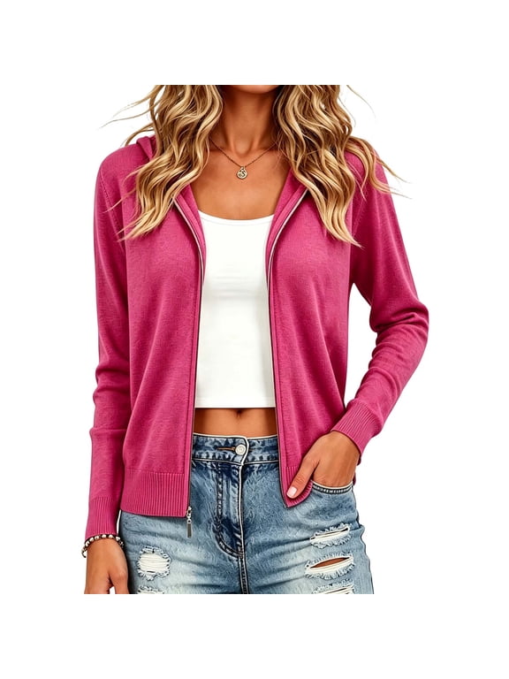 Soft Knit Hooded Sweater for Women, Zip Up Ribbed Hem Stretchy Cozy Fall Outerwear