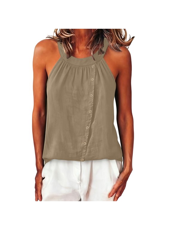 Summer Halter Neck Tank Tops for Women Sleeveless Button Down Blouses Casual Shirts