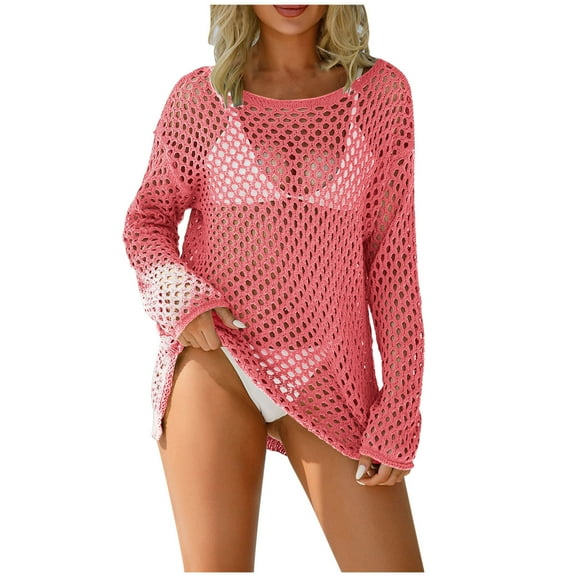 Perfectbot Summer Tops for Women Crochet Hollow Out Cover Up Shirts Long Sleeves Beach Vacation Blouse