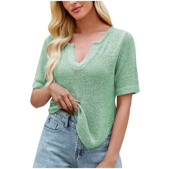 Perfectbot Sweater for Women V Neck Short Sleeve Crochet Tops Casual Loose Curved Hem Blouse