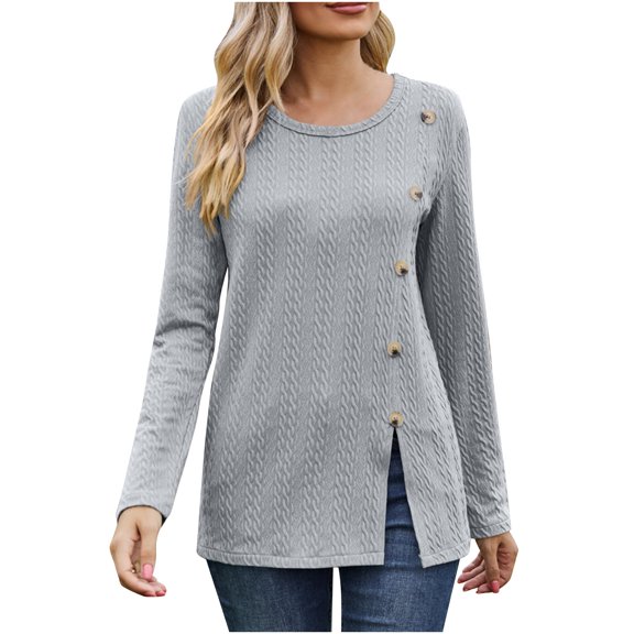 Perfectbot Sweaters for Women Round Neck Cable Knit Long Sleeves Tops Casual Button Side Fall Blouse