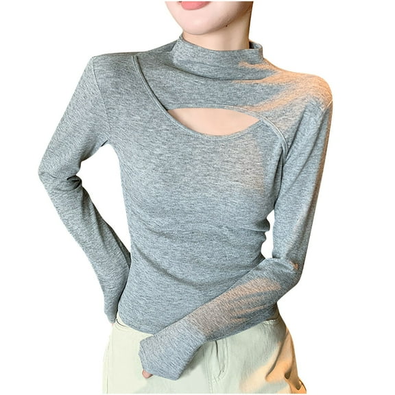 Perfectbot Sweatershirts for Women Long Sleeves Cutout Mock Neck Tops Fall Slim Fitted Blouse