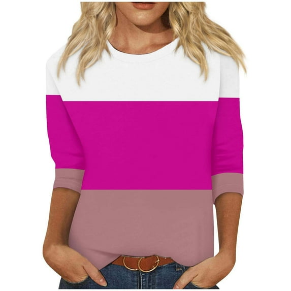 Perfectbot T Shirts for Women 3/4 Sleeves Color Block Round Neck Tops Summer Fall Casual Blouses