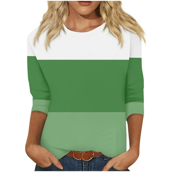 Perfectbot T Shirts for Women 3/4 Sleeves Color Block Round Neck Tops Summer Fall Casual Blouses
