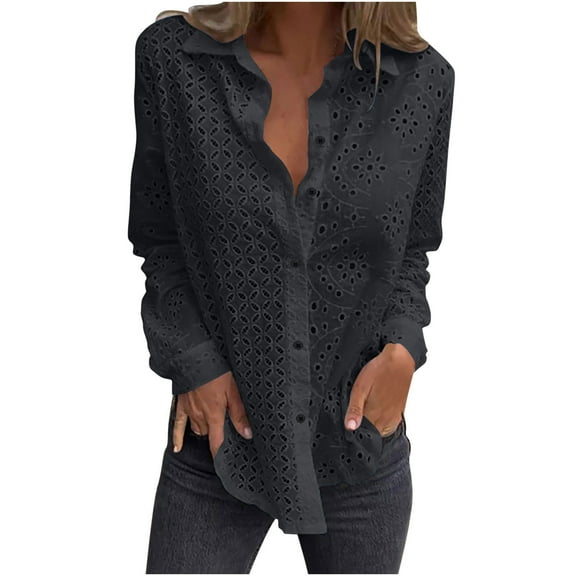 Perfectbot T Shirts for Women Button Up Collared Long Sleeves Tops Hollow Out Dressy Casual Blouse