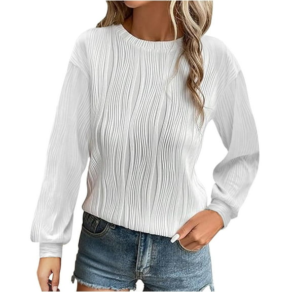 Perfectbot T Shirts for Women Puff Long Sleeves Textured Casual Tops Round Neck Going Out Fall Tees