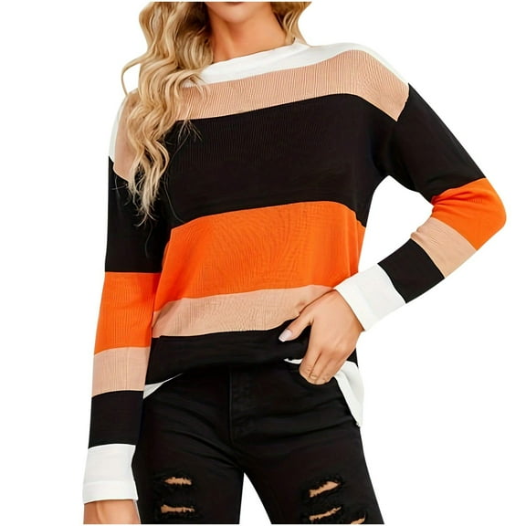 Perfectbot T Shirts for Women Round Neck Long Sleeves Color Block Sweaters Fall Basic Casual Tops