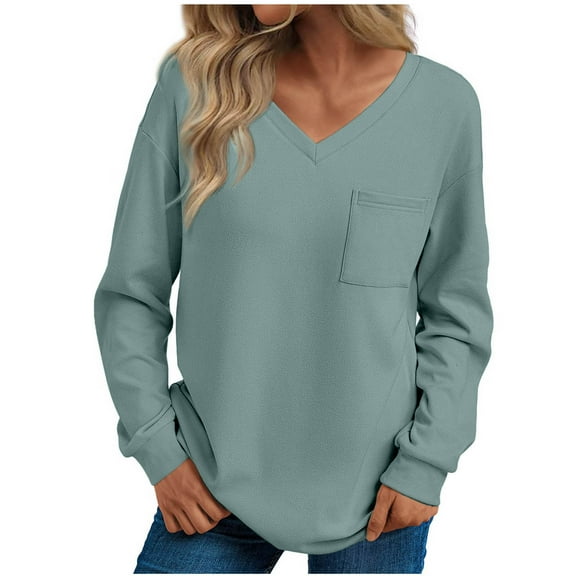 Perfectbot T Shirts for Women V Neck Tunic Plain Tops with Pocket Loose Fit Fall Casual Trendy Sweatshirt