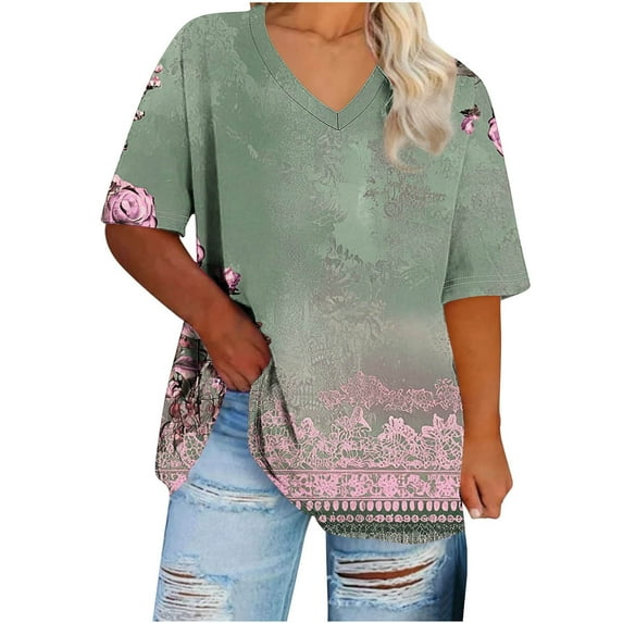 Perfectbot T-Shirts for Womens Fashion Short Sleeve Plus Print Relaxed V Neck Summer Tops ,XL-5XL