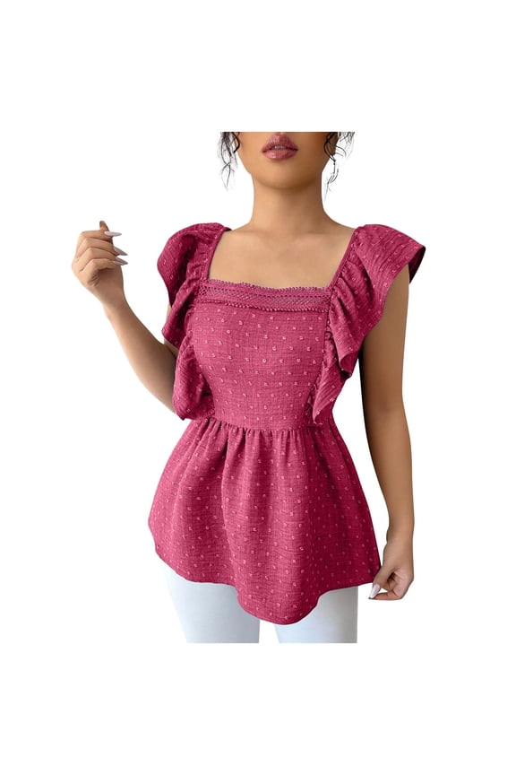 Tank Top for Women Square Neck Lace Trim Peplum Ruffle Shirts Summer Boho Floral Blouse