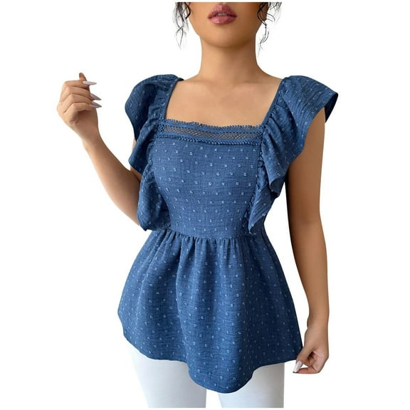 Perfectbot Tank Top for Women Square Neck Lace Trim Peplum Ruffle Shirts Summer Boho Floral Blouse