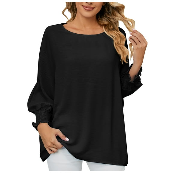 Perfectbot Tops for Women Cotton Linen Smocked Long Sleeves Crewneck Shirts Oversized Casual Tunic Blouse