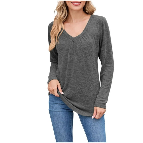 Perfectbot Tops for Women V Neck Ruched Long Sleeves Tunic Blouse Loose Basic Fall Trendy Shirts