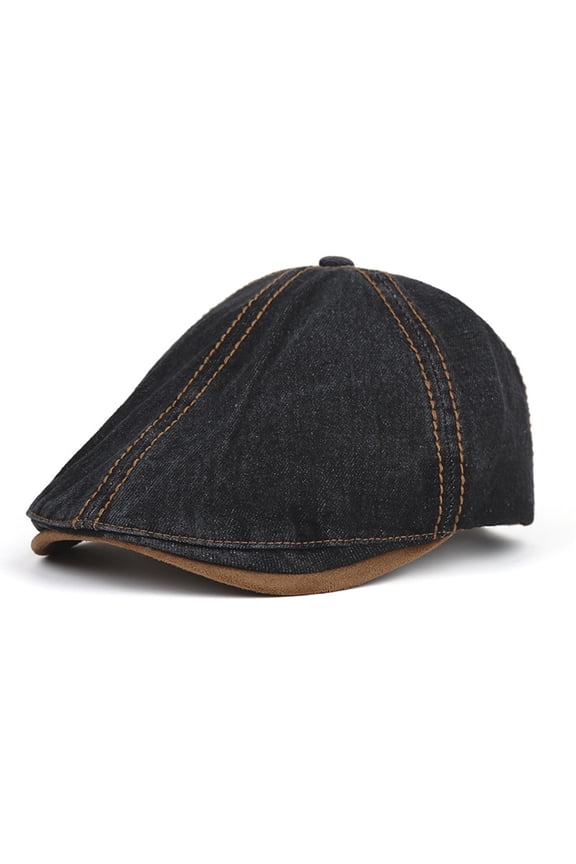 Unisex Denim Newsboy Cap, Vintage Faux Suede Brim Flat Cap with Contrast Stitching for Casual & Retro Wear