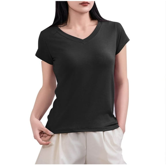 Perfectbot V Neck T Shirts for Women Short Sleeves Ribbed Knit Basic Tops Solid Casual Blouse