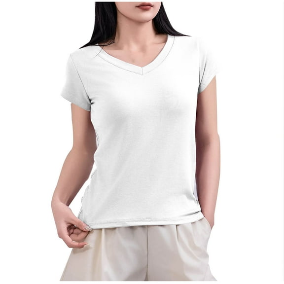 Perfectbot V Neck T Shirts for Women Short Sleeves Ribbed Knit Basic Tops Solid Casual Blouse