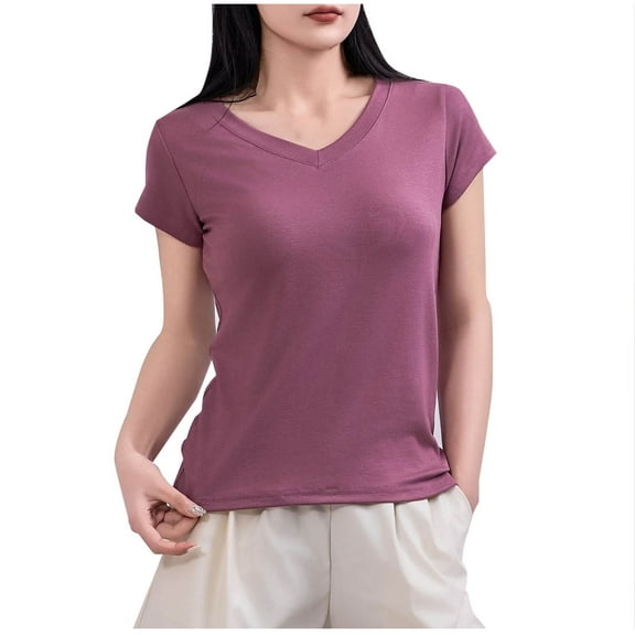 Perfectbot V Neck T Shirts for Women Short Sleeves Ribbed Knit Basic Tops Solid Casual Blouse