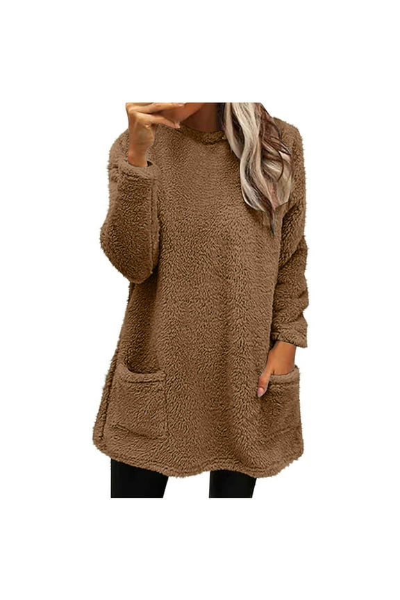 Winter Sweatershirts for Women Long Sleeve Round Neck Fleece Tops Thermal Tunic Blouse
