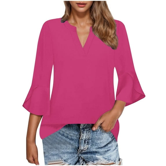 Perfectbot Women Blouses Casual Solid Color V-Neck Summer 3/4 Sleeve Cute Outfit Shirts Size S-XXL