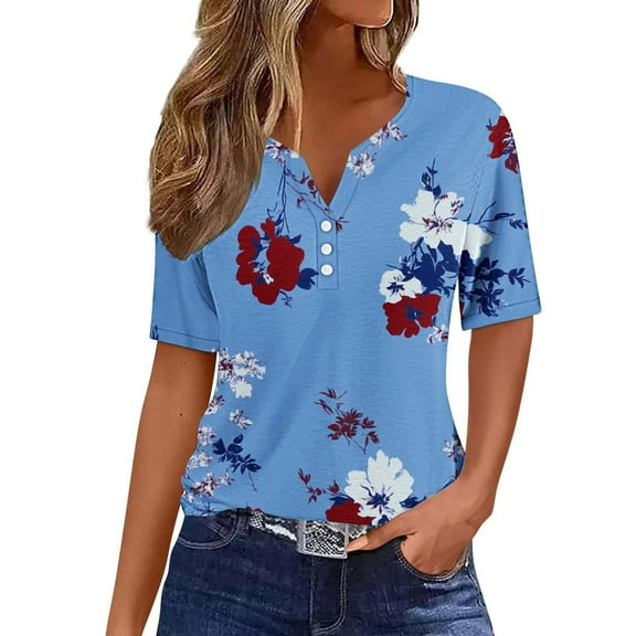 Perfectbot Women Blouses Loose V Neck Button Down Summer Basic Print Short Sleeve Shirts Size S-3XL