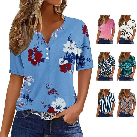 Perfectbot Women Blouses Short Sleeve Basic V Neck Loose Button Down Summer Print Shirts Size S-3XL