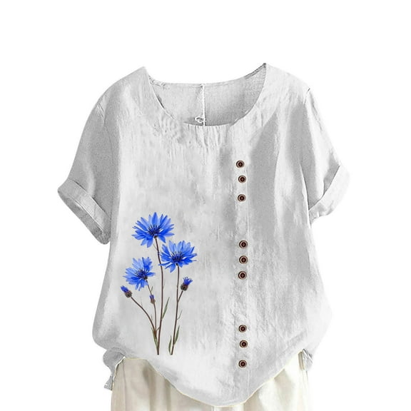 Perfectbot Women Blouses Short Sleeve Loose Plus Size Crew Neck Linen Summer Shirts ,S-5XL